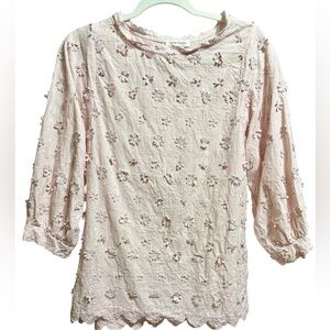 Romantic Pink Floral Appliqué Blouse Cottagecore Vibes Whimsical Scalloped Sz S